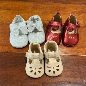 Adorable baby girl elegant shoes in cream, red, and silver sparkle